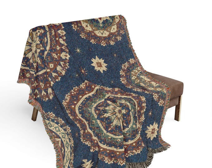 Boho Mandala Woven Blanket | Cotton Fringe Throw | Southwestern Tapestry | Celestial Home Decor | Meditation Blanket