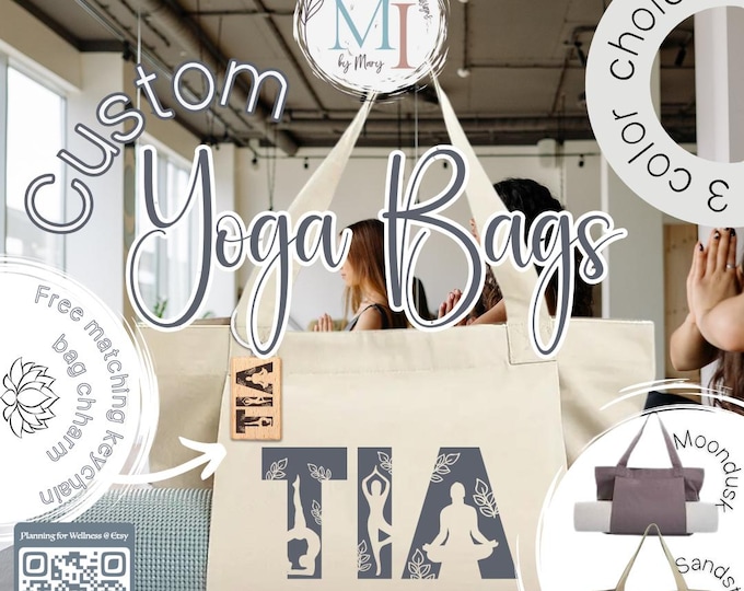 Personalized Yoga Tote Bag with Mat Holder: Custom Monogram, Om, Elephant, Lotus, or Namaste