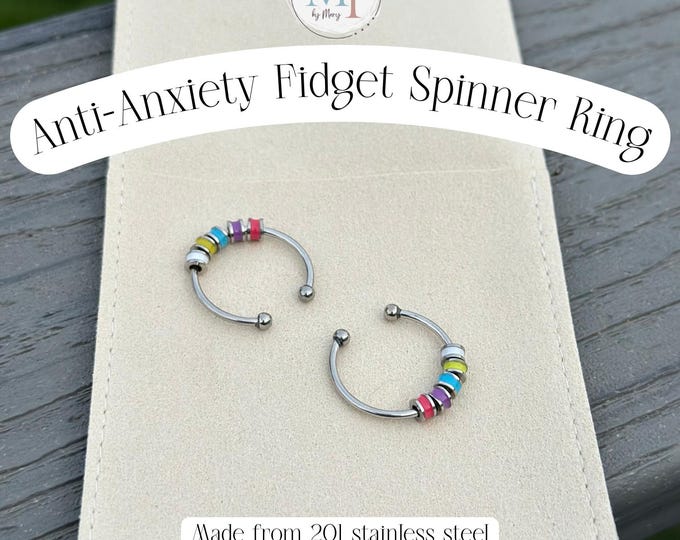 Anti-Anxiety Spinner Ring Stainless Steel | Calming Color Beads Open Cuff Ring | Fidget Ring for Stress Relief | Personalized Gift Pouch