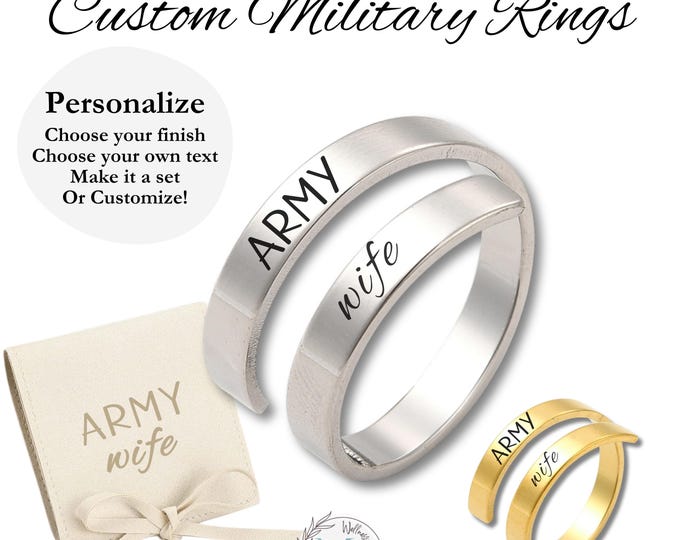 Personalized Military Adjustable Ring: Army • Navy • Marine • Air Force | Gift Pouch + Matching Cuff Bracelet