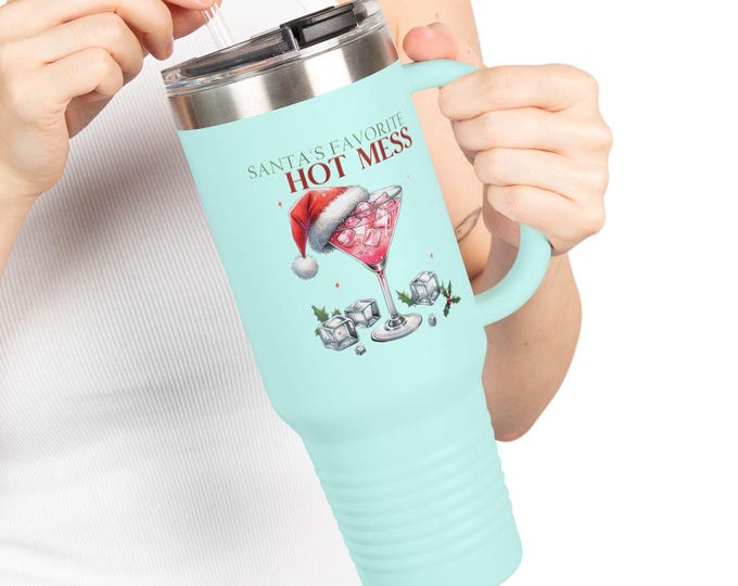 Santa's Favorite Hot Mess Insulated Travel Mug | 40oz Stainless Steel Tumbler | Adult Holiday Drinkware with Straw & Lid I Mug Gift for Her
