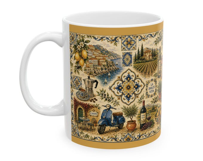 Bella Italia Ceramic Mug, Amalfi Coast Mediterranean Kitchen Decor, Italian Coffee Cup