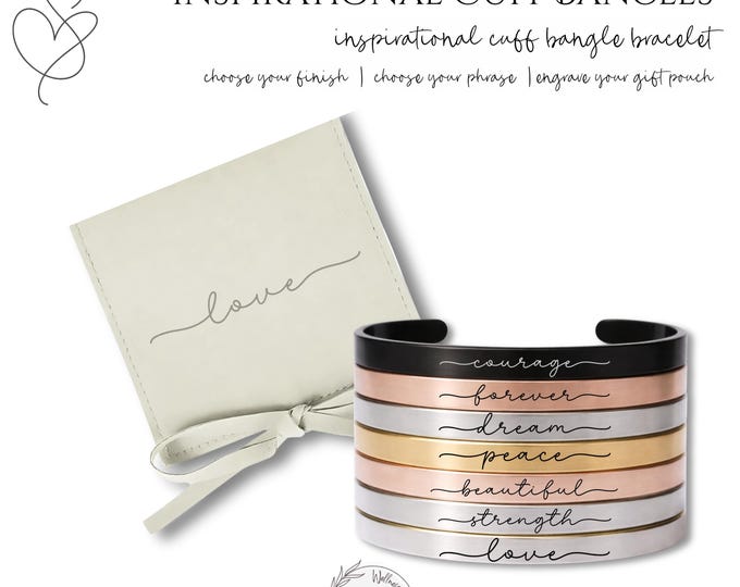 Personalized Affirmation Cuff Bracelet • 2 Sided Engraved Inspirational Word Bangle, Custom Pouch