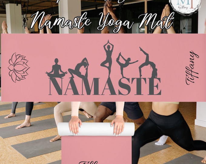 Personalized Namaste Yoga Mat | Custom Name Pink Yoga Mat with Silhouette Poses | Wellness Gift for Her | Non-Slip Foam Fitness Mat