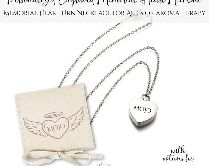 Personalized Heart Urn Necklace | Engraved Cremation Ash Holder | Aromatherapy Locket with Gift Pouch