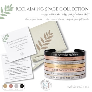 May include: A stack of inspirational cuff bangle bracelets in gold, rose gold, silver, and black. Each bracelet features an engraved phrase. The image also includes a product card and a beige pouch with a leaf design.
