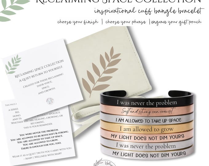 Inspirational Cuff Bracelet | Stainless Steel Affirmation Bangle, Healing Jewelry with Product Card & Pouch
