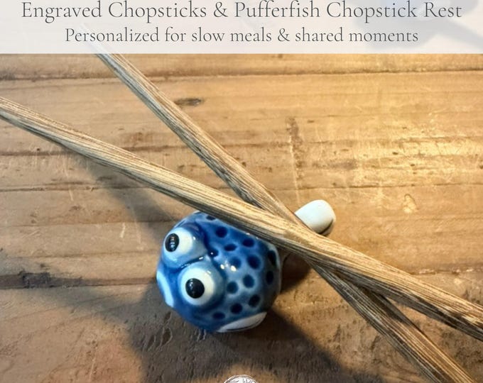Personalized Pufferfish Chopstick Rest Set | Engraved Wooden Chopsticks, Ramen Sushi Gift