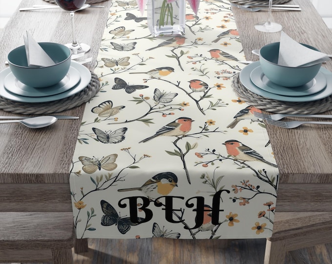Personalized Vintage Birds & Butterflies Table Runner | Custom Monogrammed Farmhouse Decor | Dining Table Accent for Holidays and Gatherings