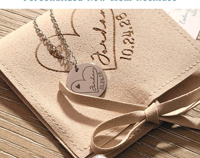 Personalized Baby Name Necklace, Birth Date Pendant, New Mom or Grandma Gift (Customized Pouch)