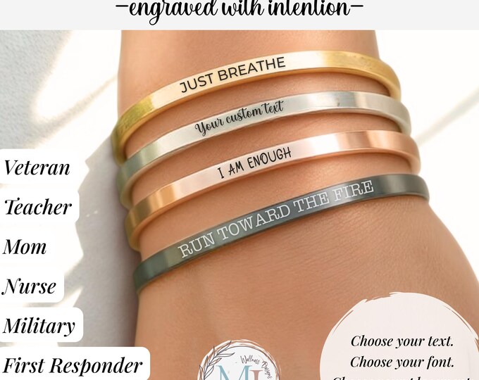 Engraved Affirmation Bracelet: Custom Mantra Jewelry for Veterans, Teachers, Moms, Nurses, Military & First Responders
