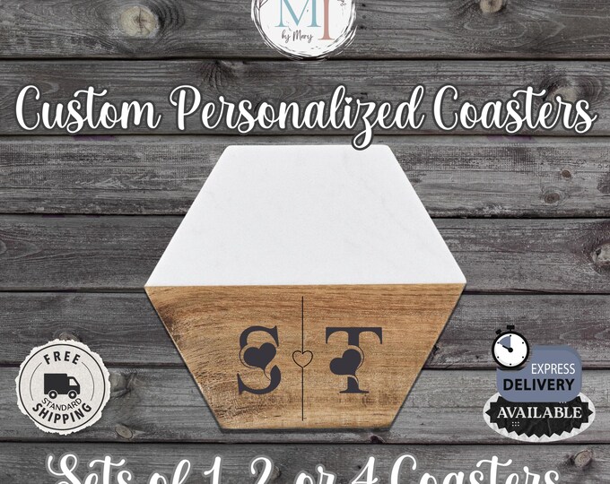 Custom Monogrammed Hexagon Marble and Wood Coasters | Personalized Drink Coasters | Laser Engraved Housewarming Gift in Sets of 2 or 4