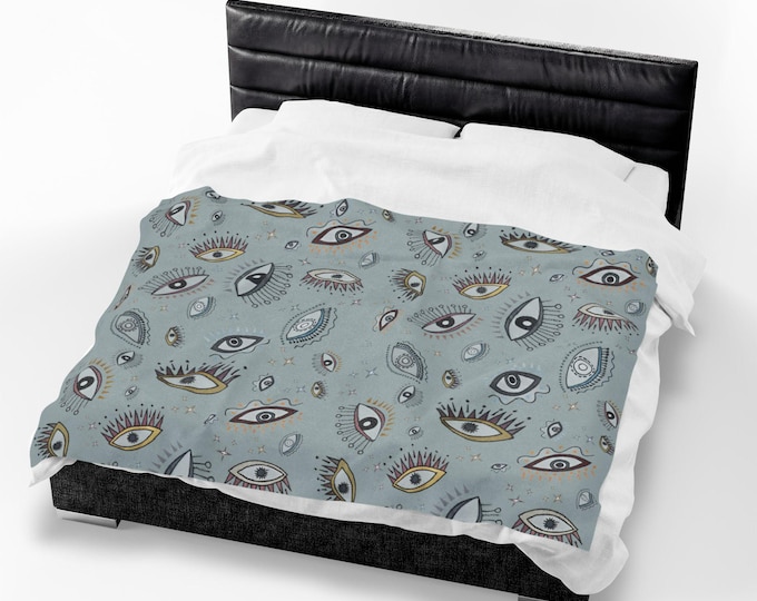 Evil Eye Velveteen Plush Blanket, Boho Mystic Throw, Celestial Eye Pattern, Spiritual Home Decor