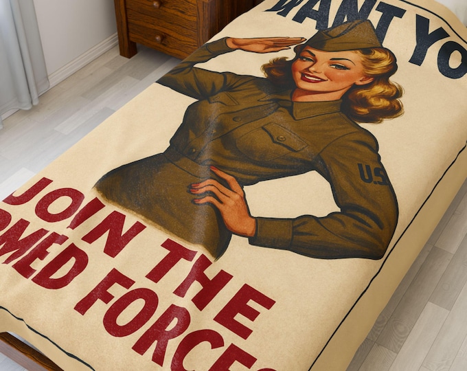 Vintage Military Pin-Up Girl Blanket: US Army WWII Retro Poster Style Throw