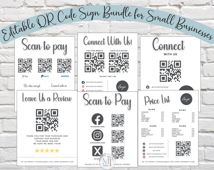 Editable QR Code Sign Bundle for Small Business | Canva Template | Payment Signs, Price List, Leave Us a Review I Time Saving Bundle