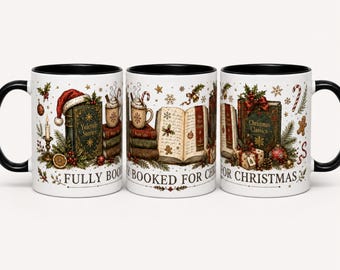 May include: Three white ceramic mugs with black handles and rims, featuring a festive illustration of stacked books, a Santa hat, a steaming mug, and a gift box. The text "FULLY BOOKED FOR CHRISTMAS" is printed in black along the bottom edge.