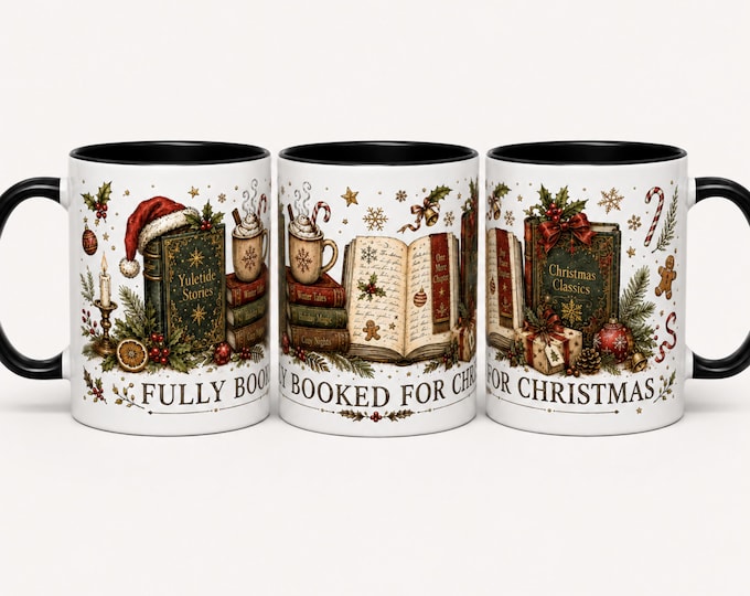 Vintage Christmas Book Lover Mug, Cozy Reader Coffee Cup (11oz or 15oz)