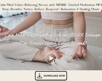 May include: A woman sits in a meditative pose with her legs crossed, wearing beige pants and a white top. The image is a screenshot from a video titled "Calm Mind: Relieving Stress with the SBNRR Technique (Stop, Breathe, Notice, Reflect, Respond)". A play button is visible in the center of the image.