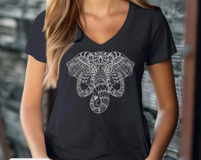 Elephant Mandala Zentangle T-Shirt | Boho Spiritual Tee with Artistic Design | Lightweight Casual V-Neck Fair Trade Top, Custom Graphic Tee