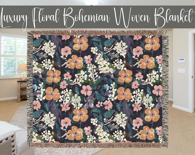 Luxury Jacquard Woven Blanket in Floral Bohemian | Premium 100% Cotton with Colorful Fringe | Home Decor, Couch, Bed, or Wall Art in 3 Sizes