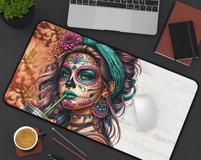 Sugar Skull Coffee Desk Mat | Custom Neoprene Office Mat | Anti-Slip Durable Desk Pad in 3 Sizes | Home Office Decor Gift for Her