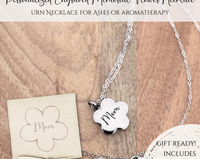 Personalized Flower Urn Necklace | Engraved Cremation Ash Holder | Aromatherapy Locket with Gift Pouch
