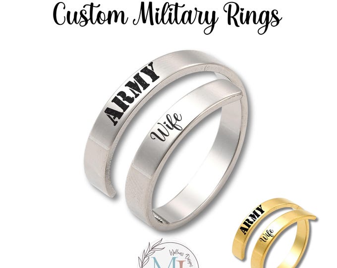 Personalized Military Adjustable Ring: Army • Navy • Marine • Air Force • Veteran Jewelry with Gift Pouch