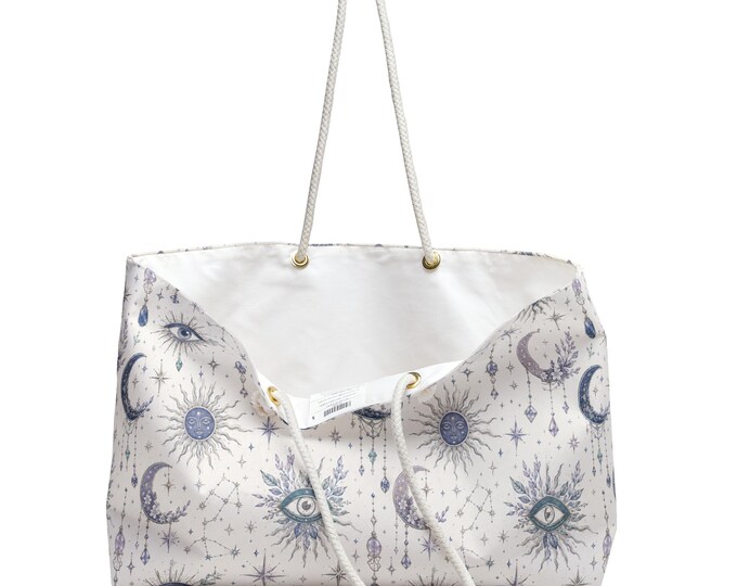 Celestial Weekender Bag, Evil Eye Moon Sun Travel Tote, Boho Astrology Overnight Bag