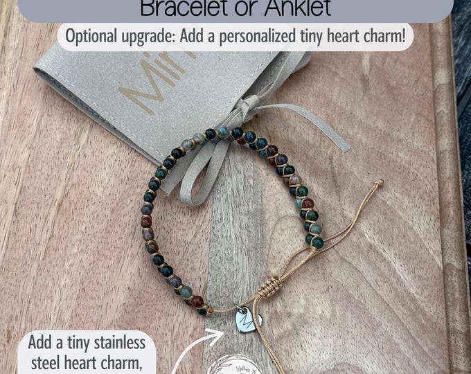 Bohemian Indian Agate Bracelet or Anklet: Woven Macrame, Adjustable, Heart Charm Option