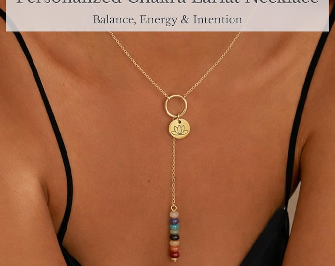Personalized 7 Chakra Lariat Necklace | Gold Gemstone Spiritual Jewelry with Suede Pouch