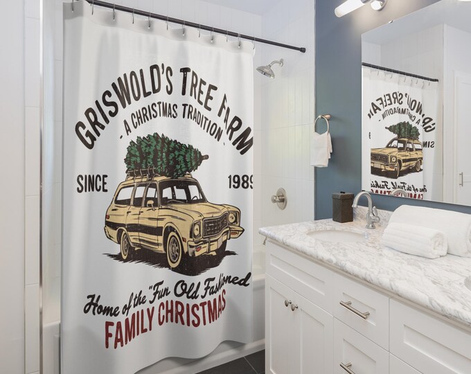 Griswold's Tree Farm Shower Curtain | Fun Old-Fashioned Christmas Decor | Holiday Bathroom Decoration | Nostalgic Holiday Gift Idea