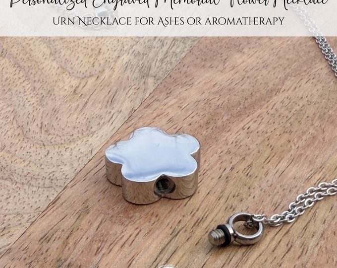 Engraved Flower Urn Necklace | Personalized Memorial Ash Holder, Aromatherapy Locket, Funnel + Pouch (Gold/Silver)
