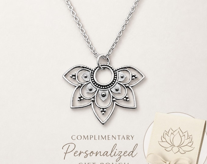 Personalized Mandala Lotus Pendant Necklace: Dainty Silver Boho Zen Yoga Charm with Custom Pouch