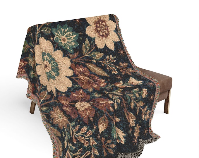 Vintage Floral Cotton Woven Blanket, Botanical Tapestry Throw, French Country Decor