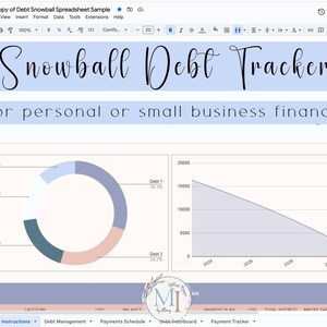 May include: A Google Sheets spreadsheet titled "Snowball Debt Tracker for personal or small business finances". The spreadsheet includes a pie chart showing the percentage of debt for each of five debts, and a line graph showing the amount of debt over time.