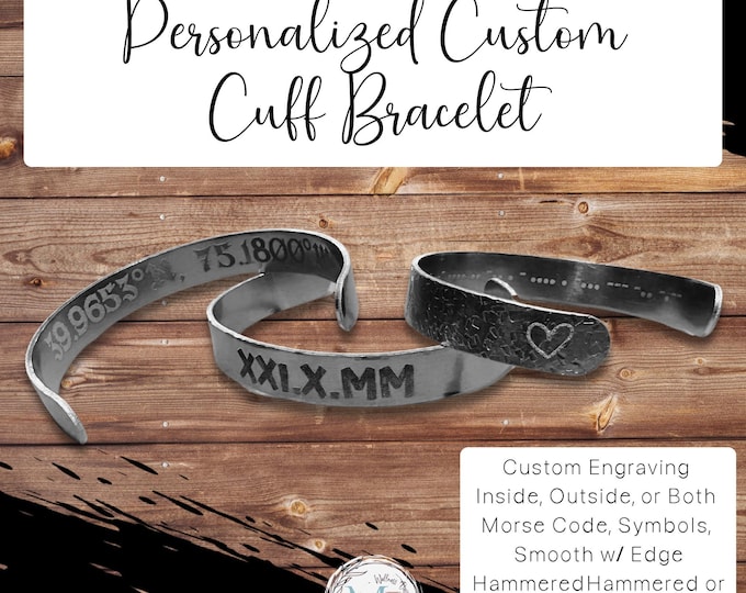 Personalized Aluminum Bracelet | Custom Engraving Inside or Out | Morse Code, Text, Font, Symbols, & Hammered or Textured | Valentines Gift