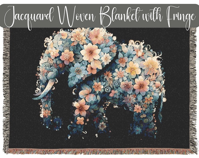 Luxury Boho Elephant Blanket | Black Background with Soft Boho Flowers | Reversible Jacquard Woven Throw for Home Decor or Gift, in 3 Sizes