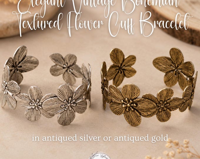 Vintage Bohemian Flower Cuff Bracelet: Adjustable Antiqued Silver or Gold Bangle with Gift Bag