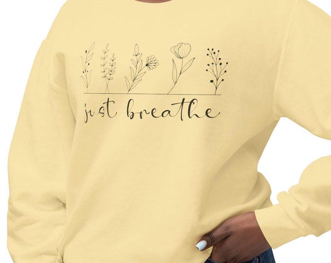 Just Breathe Wildflowers Lightweight Crewneck Sweatshirt | Inspirational Boho Sweater, Positive Eco-Friendly Apparel, Unisex Top