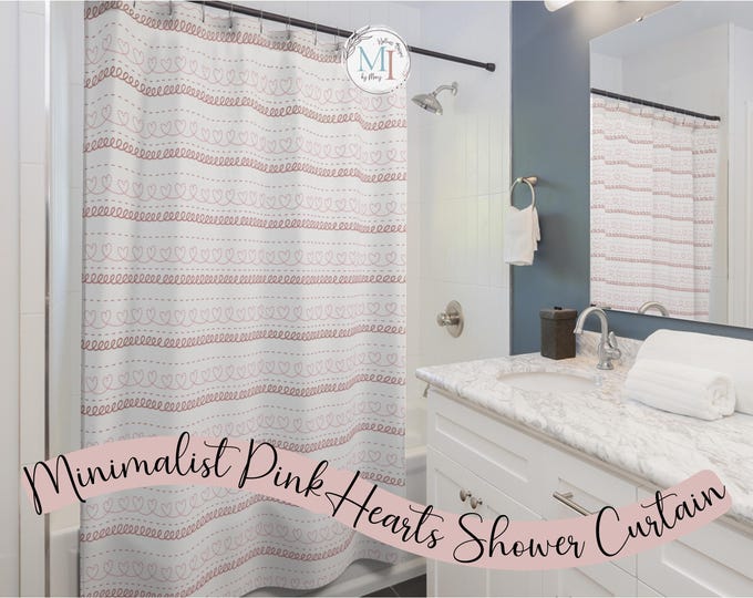 Romantic Pink Hearts Shower Curtain | Soft Minimalist Bathroom Decor | White with Soft Pink Hearts I Valentines Day Gift I Boho Home Decor