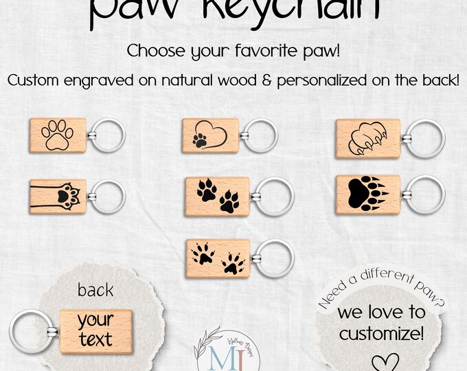Personalized Paw Keychain: Engraved Beech Wood Pet Memorial Gift