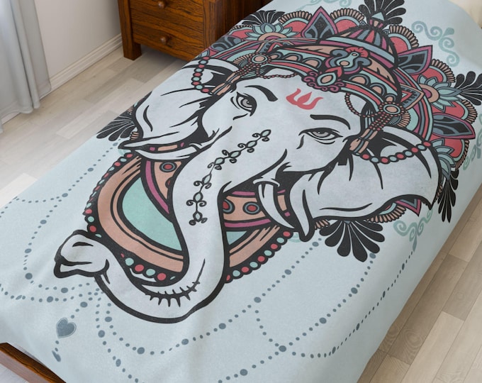 Ganesha Plush Blanket: Spiritual Elephant Mandala, Boho Yoga Decor