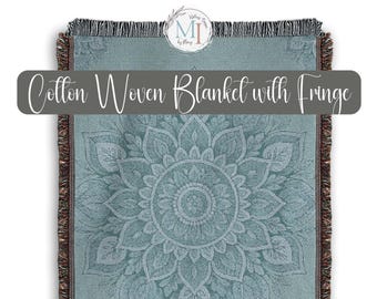 Blue & Teal Boho Mandala Woven Blanket: Reversible Cotton Tapestry