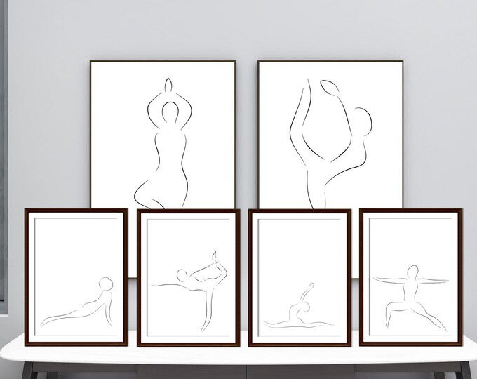 Zen Mindfulness Minimalist Yoga Poses Art Printable Set | 9 Total Digital Posters | Black Line Art White Background I Yoga Wellness Studio