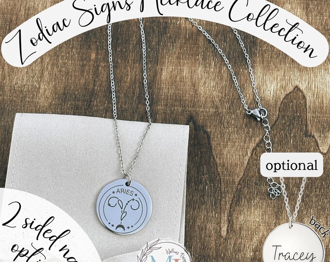 Zodiac Sign & Name Necklace | Astrology Gift for Her or Him | Engraved Celestial Jewelry | 1 or 2-Sided Horoscope Pendant +Custom Gift Pouch
