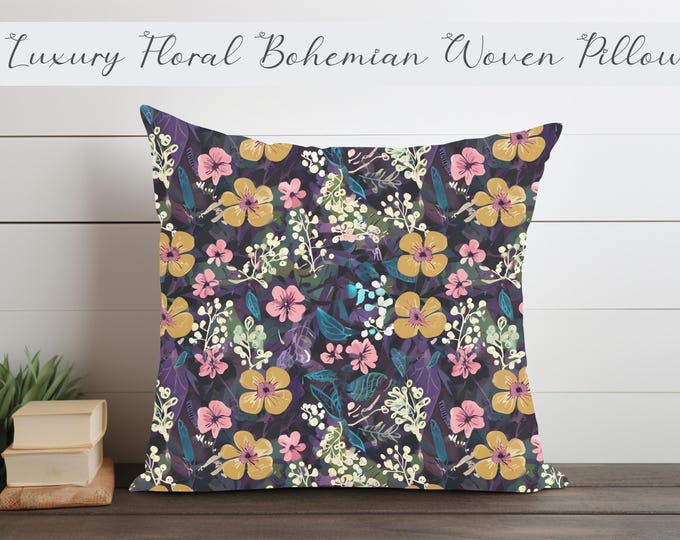 Luxury Floral Bohemian Woven Pillow | Double-Sided Cotton & Polyester Throw Pillow | Elegant Boho Home Decor Accent | 17x18 Gift for Her