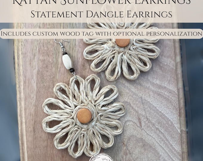 Rattan Sunflower Earrings • Boho Statement Earrings • Woven Natural Fiber Jewelry • Custom & Personalized Gift Tag Included