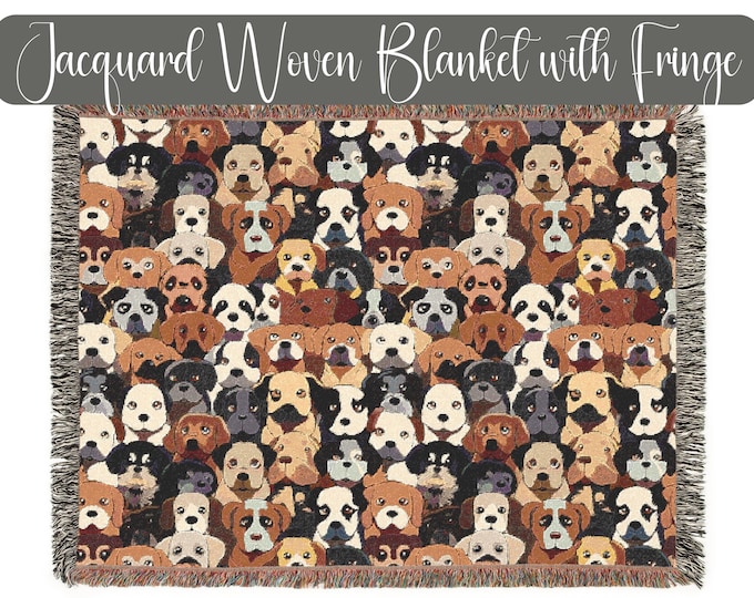 Luxury Custom Jacquard Woven Blanket with Cartoon Dogs Design, Cozy Gift, Home Decor, Wall Art, or Throw for Dog Lovers, Offered in 3 Sizes