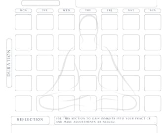 May include: A printable meditation challenge tracker with a gray and white color scheme. The tracker includes sections for month, year, preferred time, and a reflection section. The tracker is designed to help users track their meditation practice.