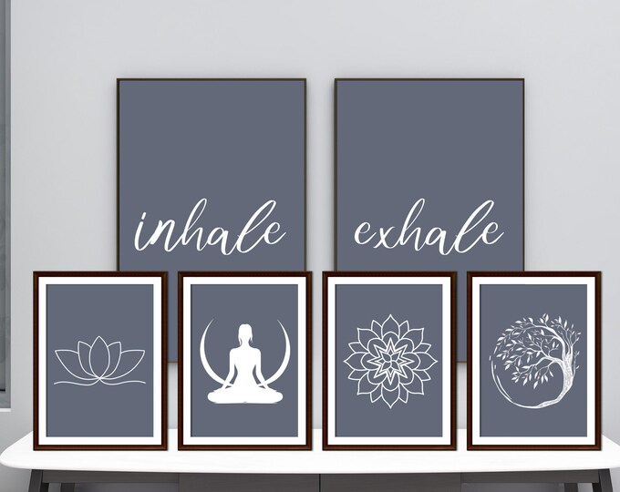 Zen Mindfulness Minimalist Meditation Art Set | 10 Digital Posters | Inhale, Exhale, Meditation, Lotus, Tree of Life, Mandala I Gray & White